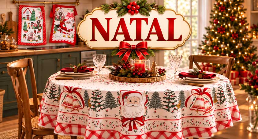 Coleção de Natal com toalha de mesa, jogo americano e pano de copa natalinos