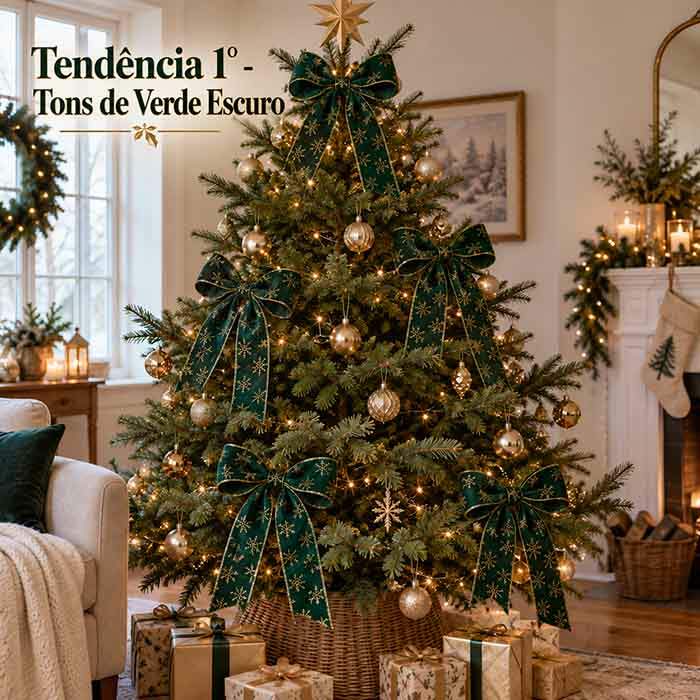 Árvore decorada na tendência Tons de Verde Escuro