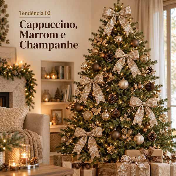 Árvore decorada na tendência Cappuccino, Marrom e Champanhe