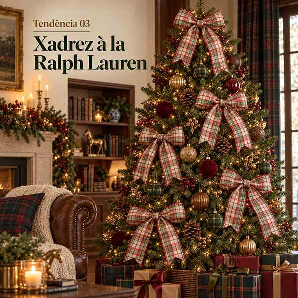 Árvore decorada na tendência Xadrez à la Ralph Lauren
