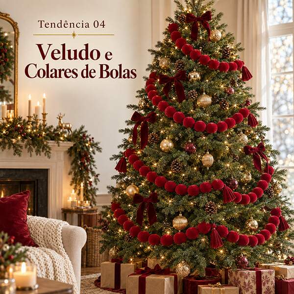 Árvore decorada na tendência Veludo e Colares de Bolas